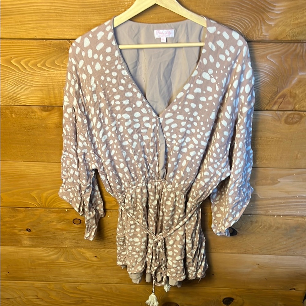 Pink Lily Romper XL Beige White Taupe Polka Dot tie waist Summer Bell Sleeve Y2K